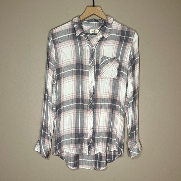 Women's L Thread & Supply Kandice Soft Classic Plaid Pink Gray Button Down - Picture 2 of 7